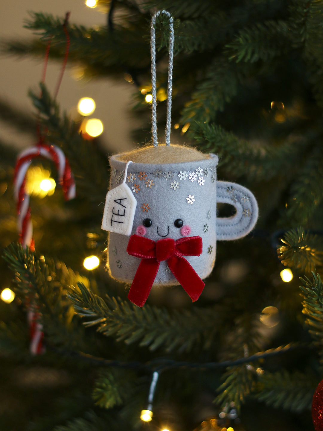 Grey Silver Snowflakes Teacup Ornament