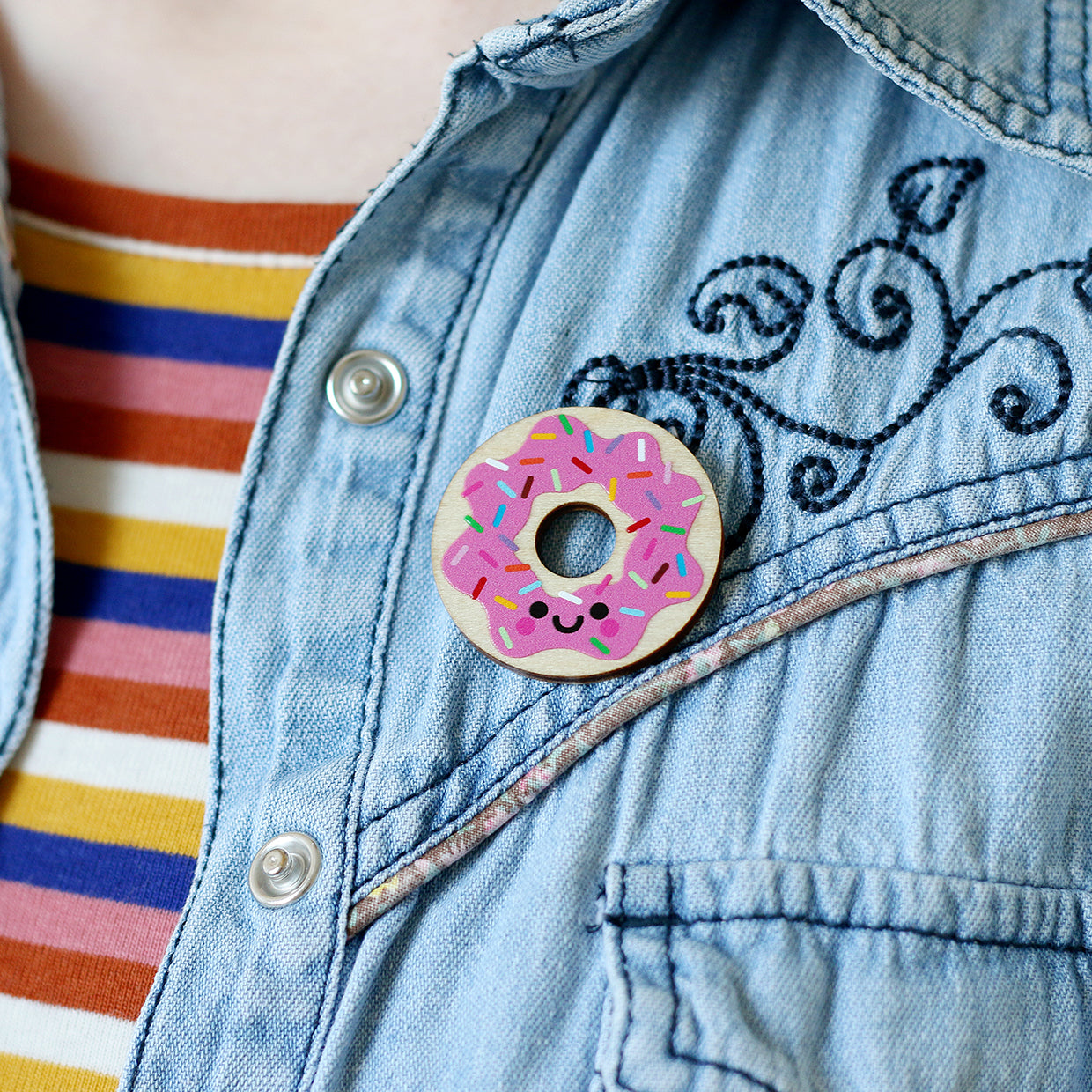 Donut Wooden Pin Badge