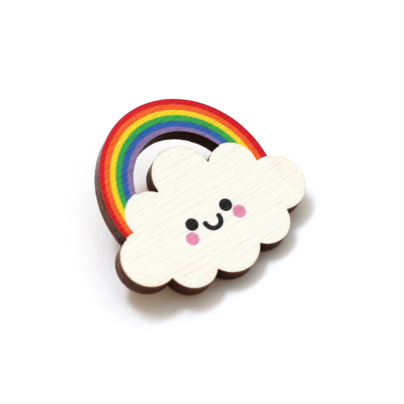 Rainbow Cloud Wooden Pin Badge - Bright Rainbow