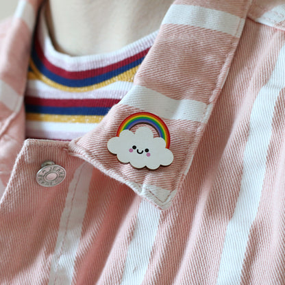 Rainbow Cloud Wooden Pin Badge - Bright Rainbow