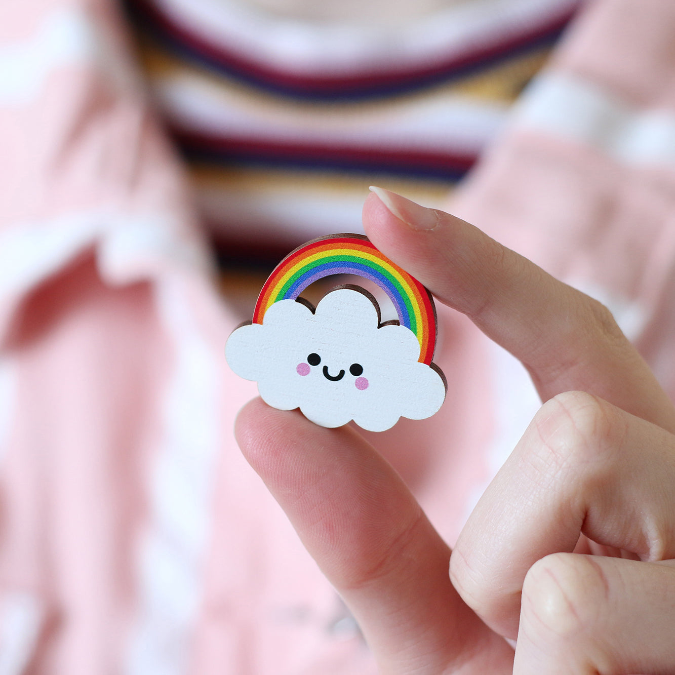 Rainbow Cloud Wooden Pin Badge - Bright Rainbow