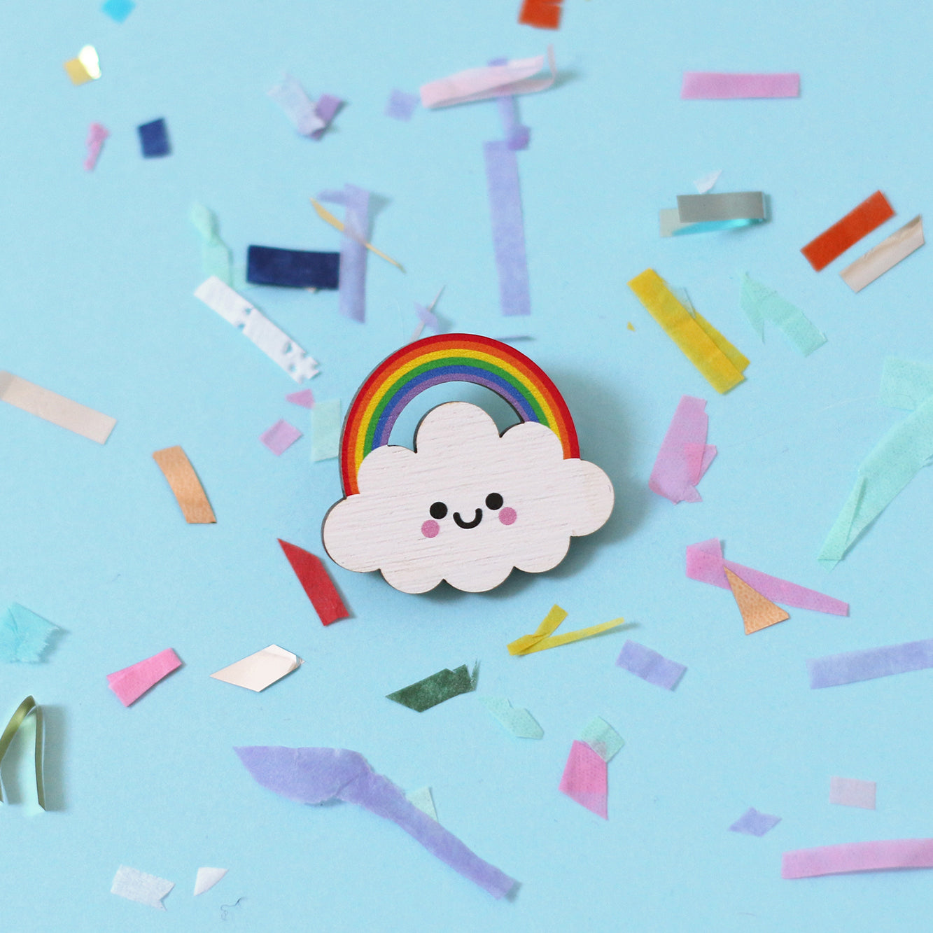 Rainbow Cloud Wooden Pin Badge - Bright Rainbow
