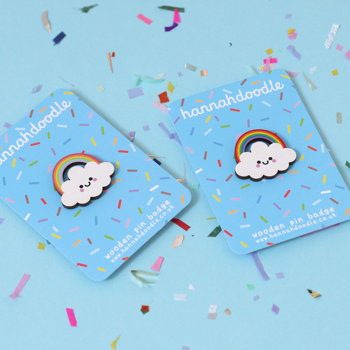 Rainbow Cloud Wooden Pin Badge - Bright Rainbow