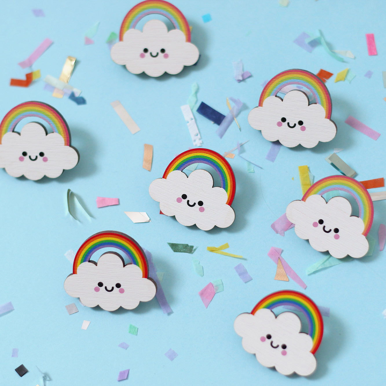 Rainbow Cloud Wooden Pin Badge - Bright Rainbow