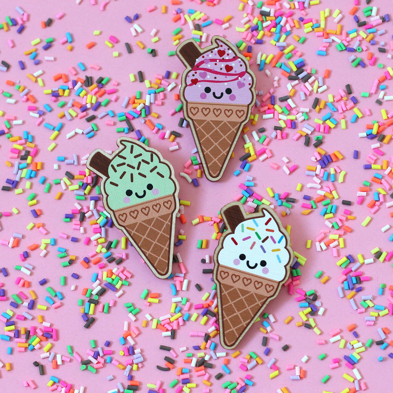 Mint Choc Chip Ice Cream Wooden Pin Badge