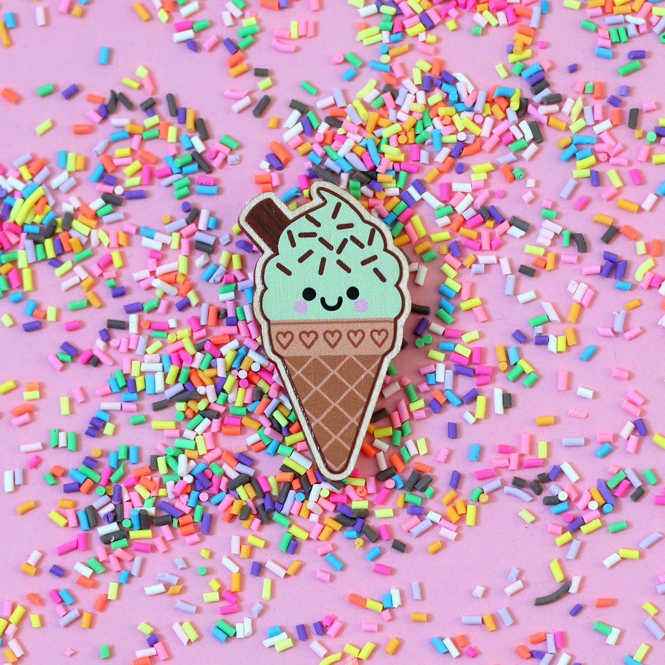Mint Choc Chip Ice Cream Wooden Pin Badge