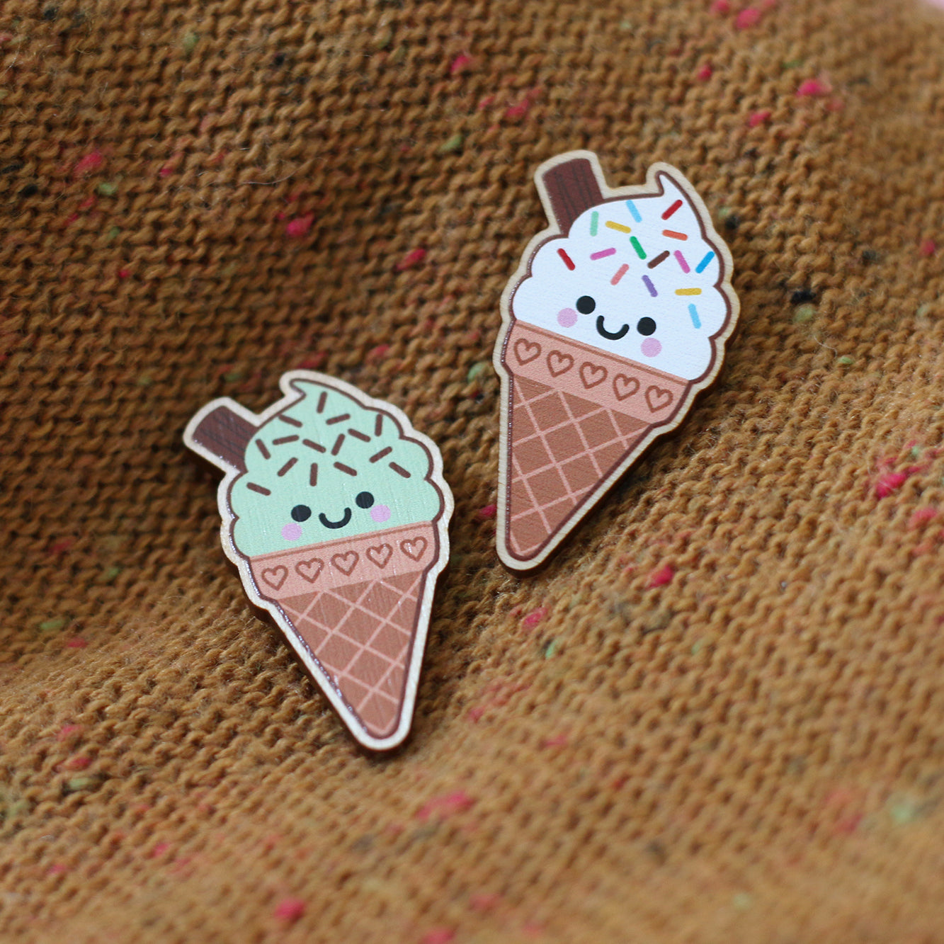Mint Choc Chip Ice Cream Wooden Pin Badge
