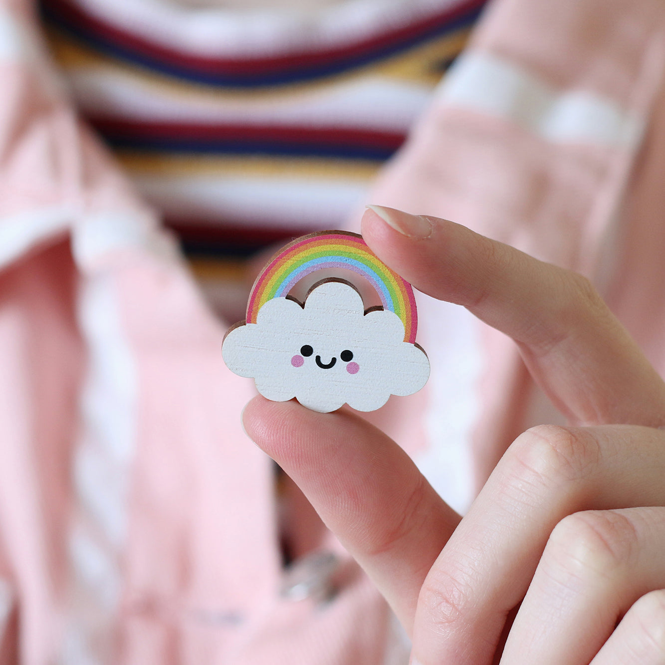 Rainbow Cloud Wooden Pin Badge - Pastel Rainbow