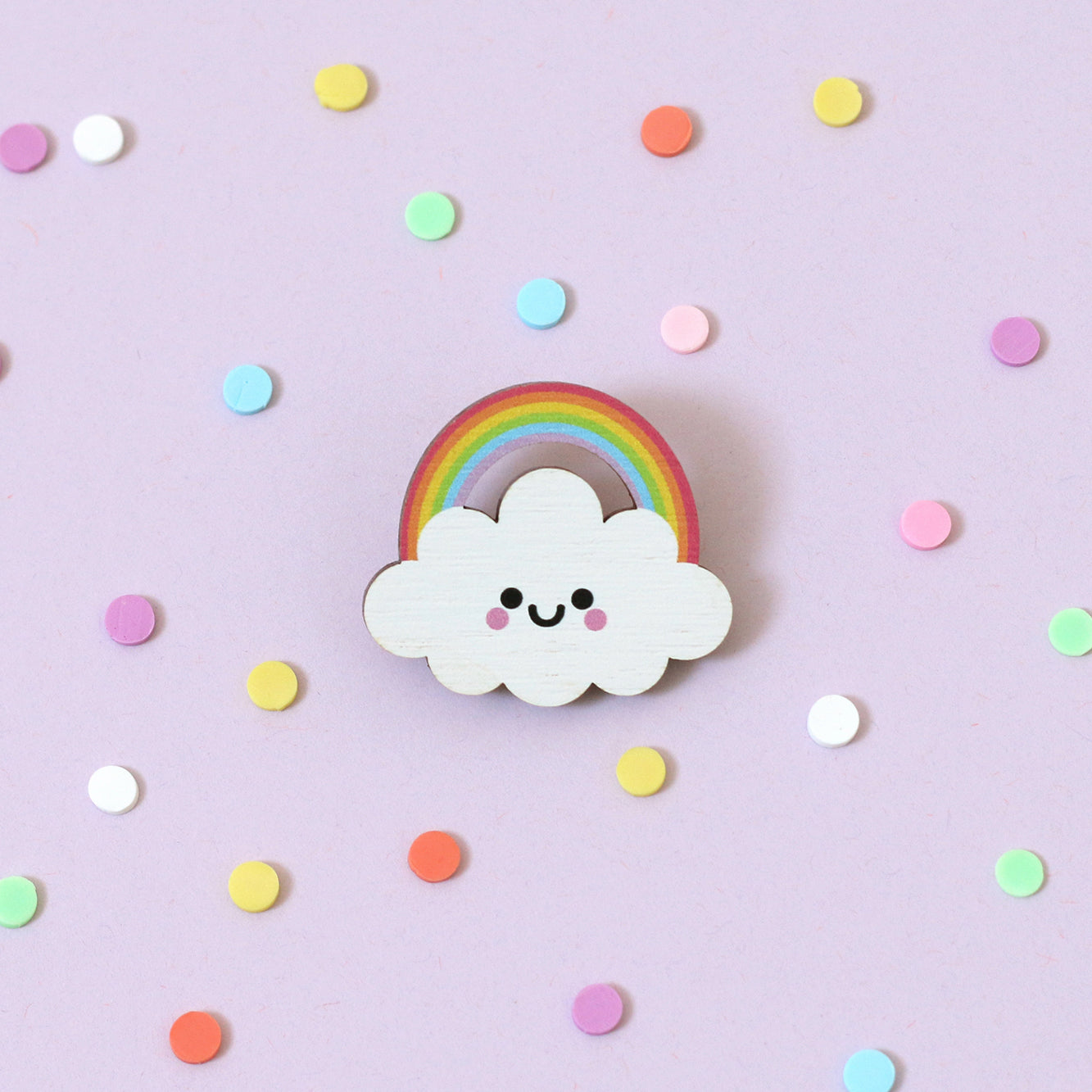 Rainbow Cloud Wooden Pin Badge - Pastel Rainbow