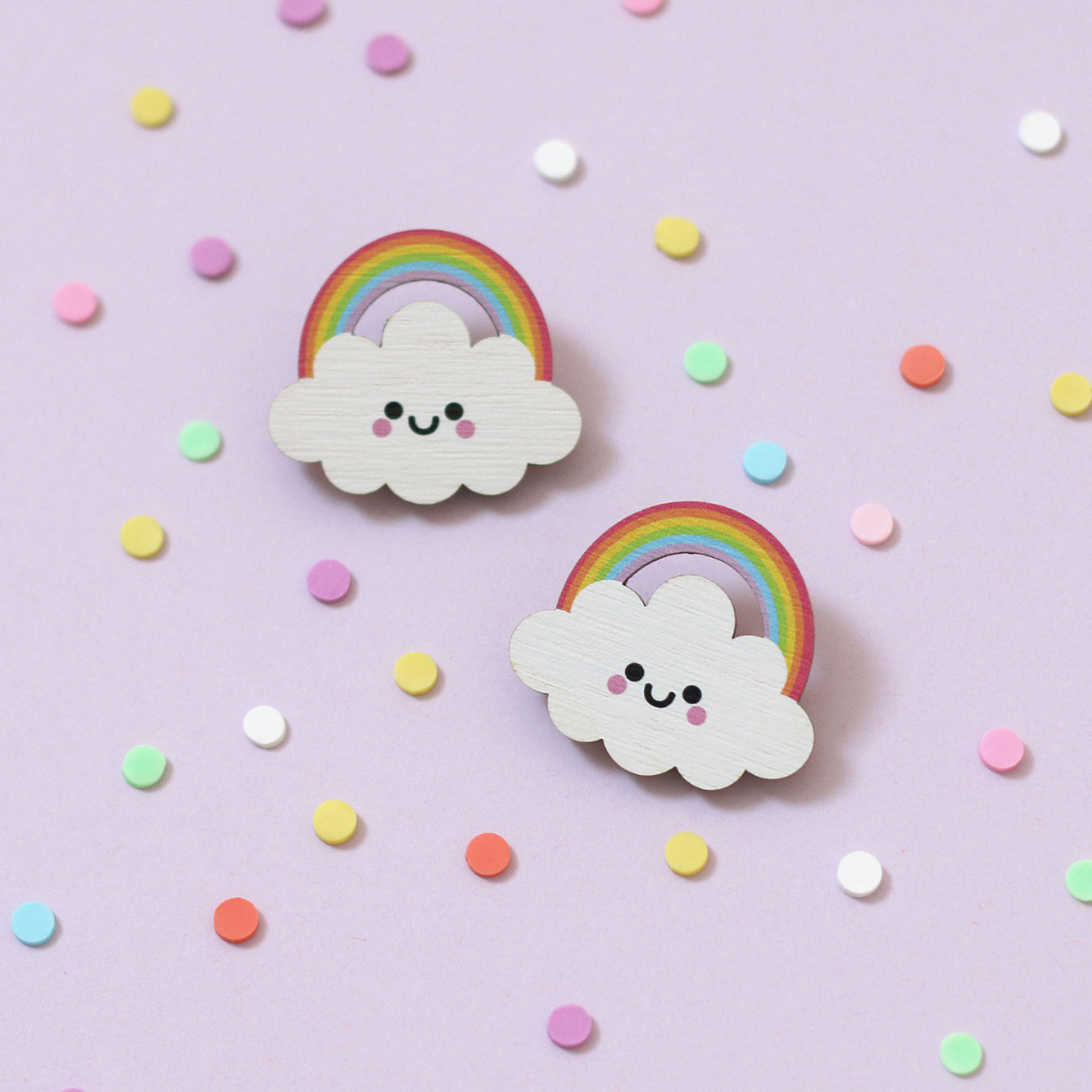 Rainbow Cloud Wooden Pin Badge - Pastel Rainbow