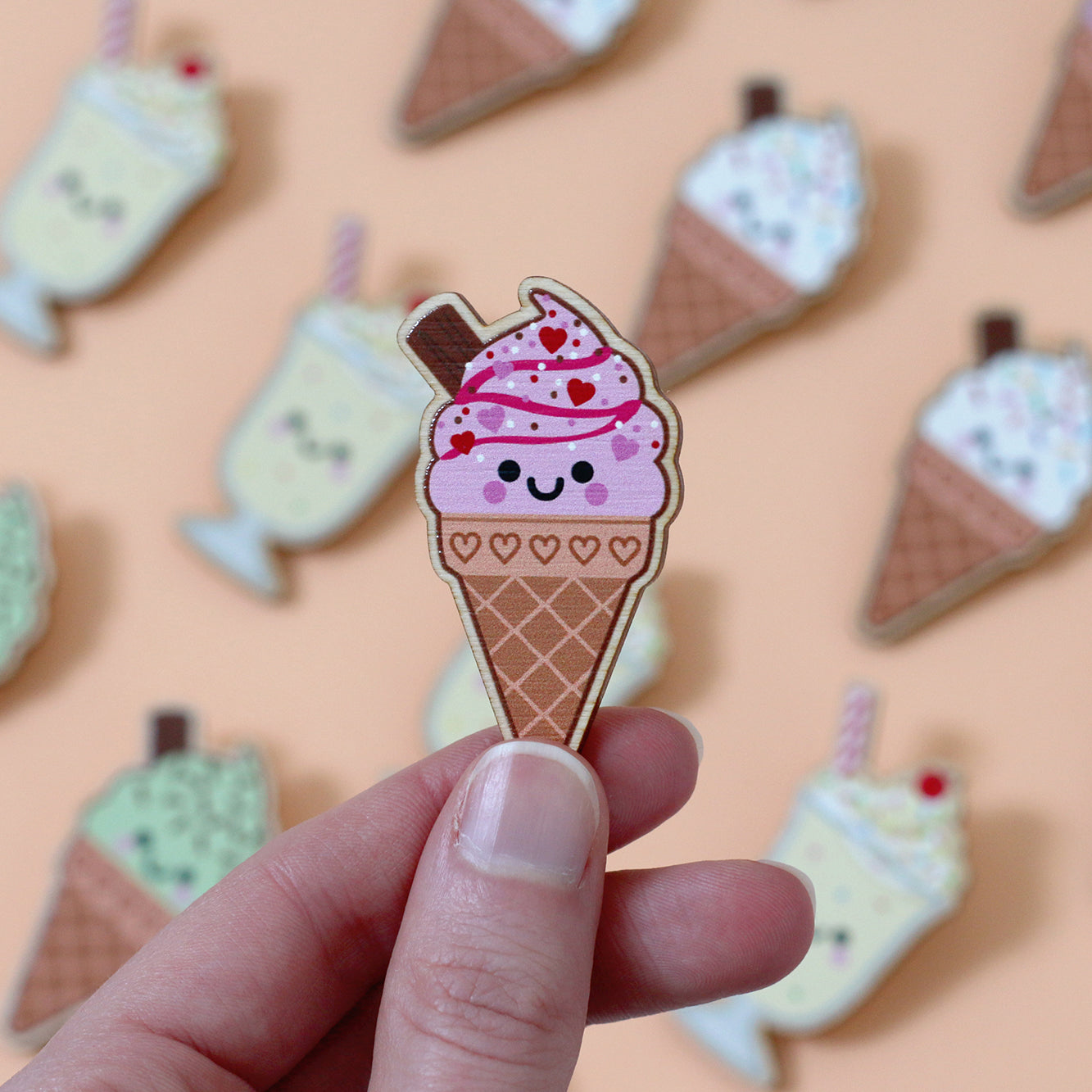 Strawberry Ice Cream Wooden Pin Badge