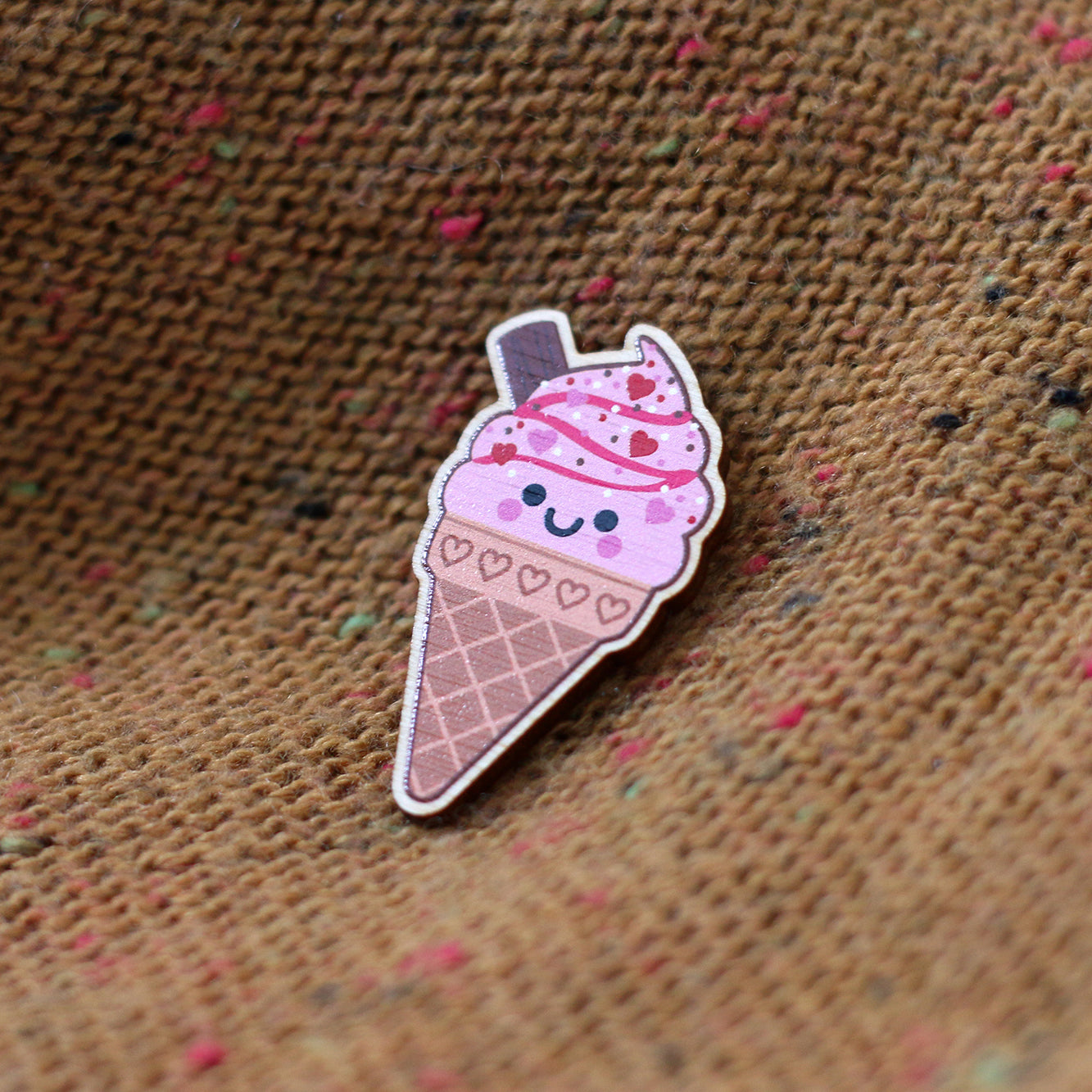 Strawberry Ice Cream Wooden Pin Badge