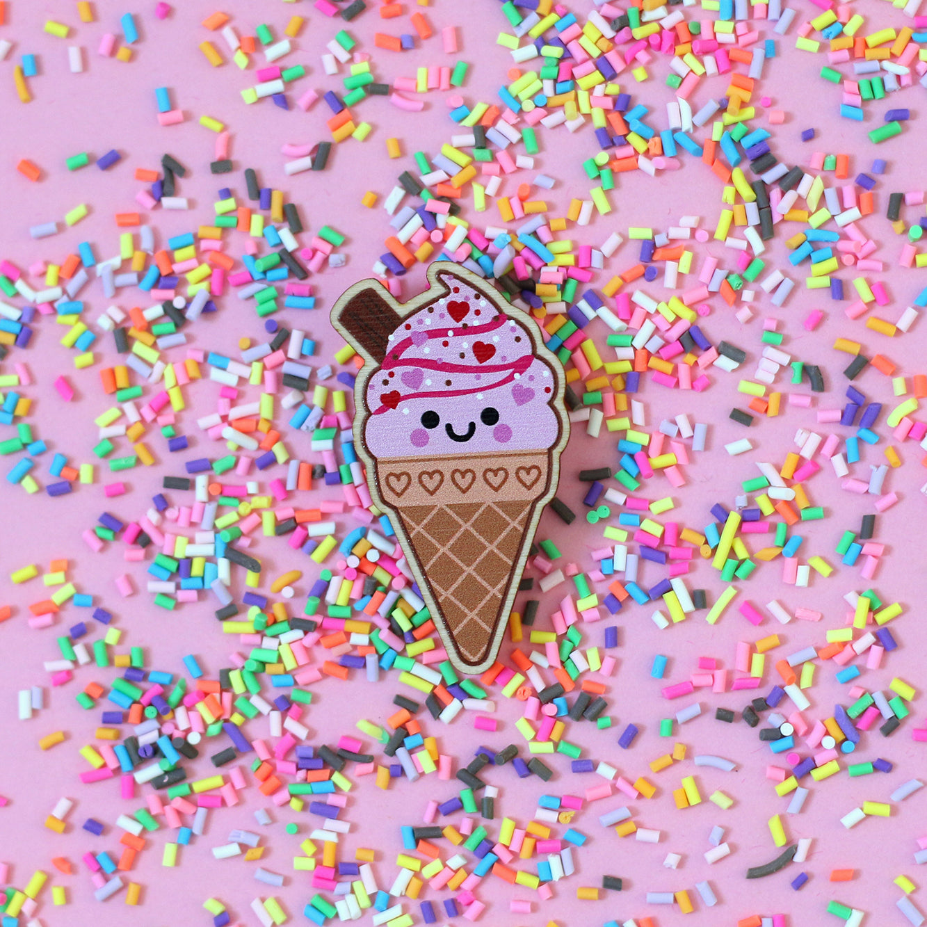 Strawberry Ice Cream Wooden Pin Badge
