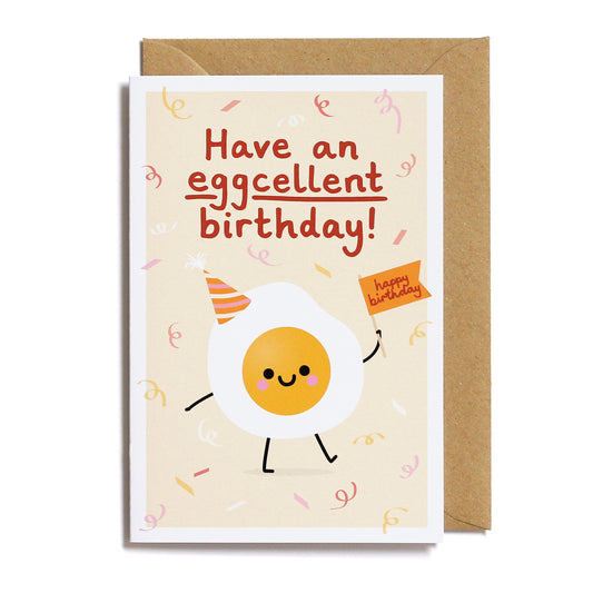 Birthday card with a kawaii style egg character and text 'Have an eggcellent birthday!' on a yellow background.