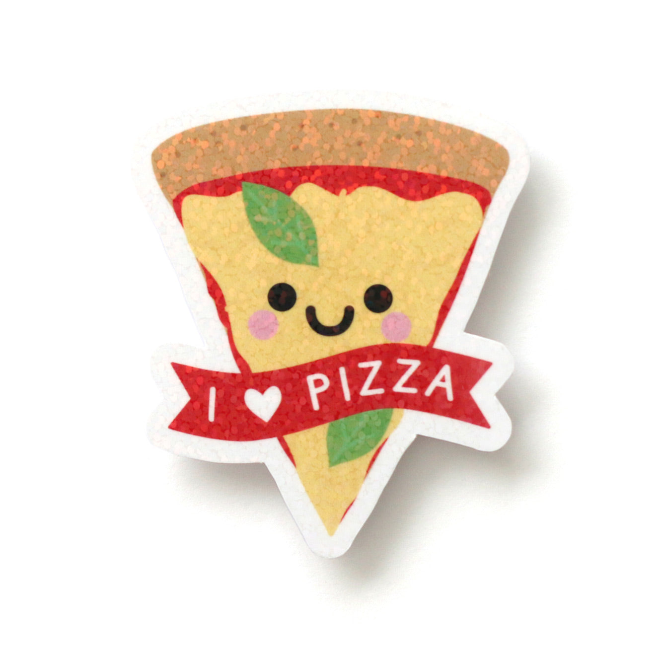 A happy magherita pizza holographic sparkly sticker with a banner saying 'I heart pizza'