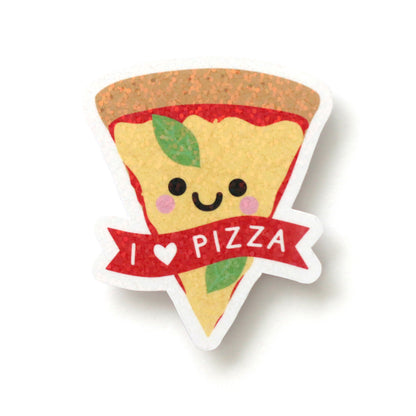 A happy magherita pizza holographic sparkly sticker with a banner saying 'I heart pizza'
