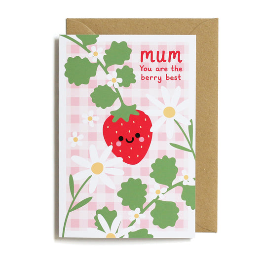 Card for Mum, Cute Kawaii Strawberry card with white daisies and gingham background by hannahdoodle