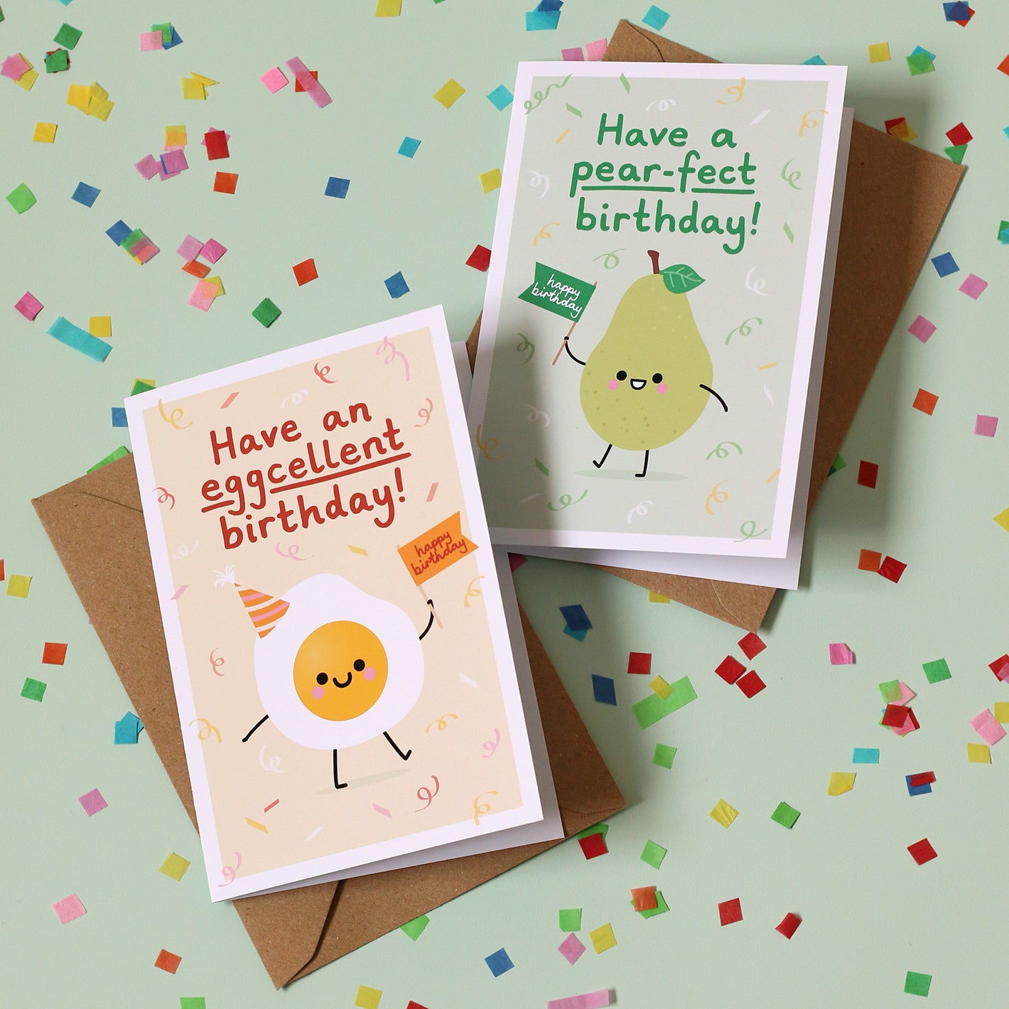 Birthday card with kawaii style egg and pear characters and text 'Have an eggcellent birthday!' and 'Have a pear-fect birthday!'