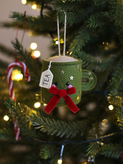 Green Gold Stars with Red Bow Teacup Ornament