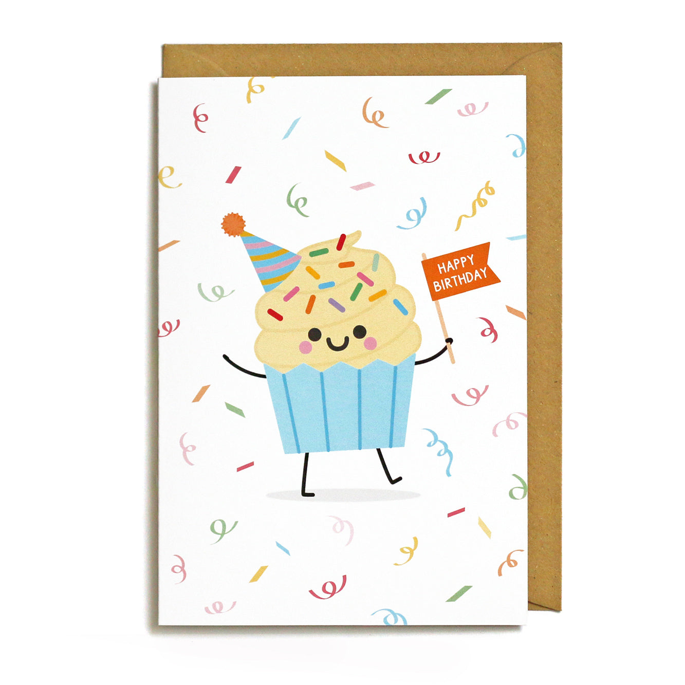greeting card featuring a happy vanilla cupcake holding an orange flag with 'HAPPY BIRTHDAY' on it, surrounded by illustrated confetti
