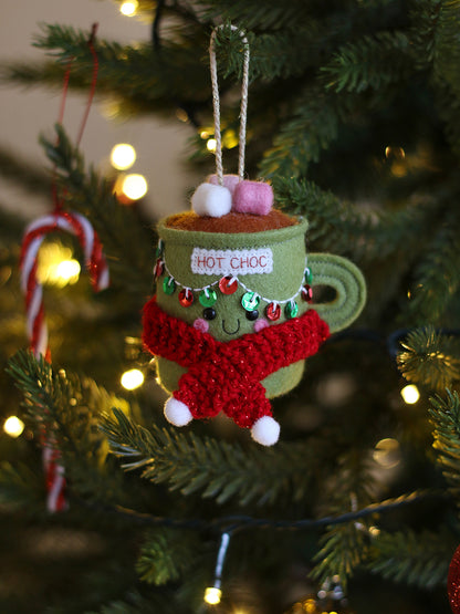 Christmas Lights Hot Chocolate Ornament with hand-knit scarf