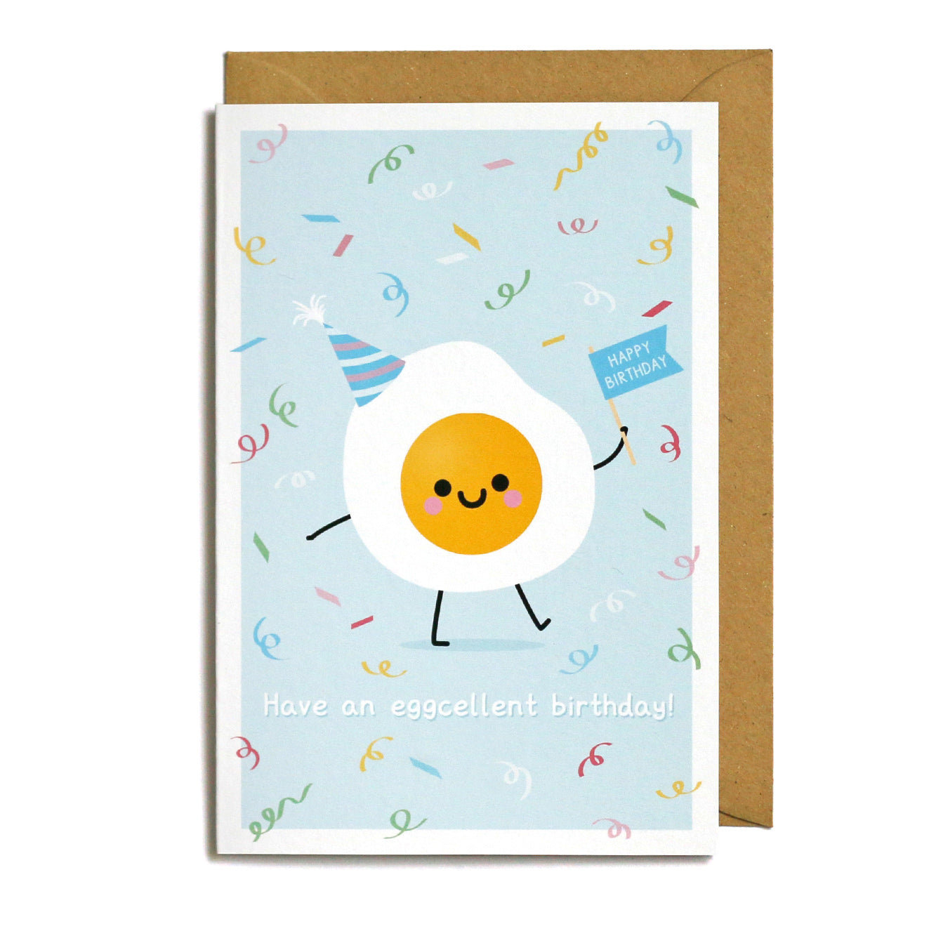Kawaii fried egg birthday card, 'Have an eggcellent birthday', funny blue birthday card for him