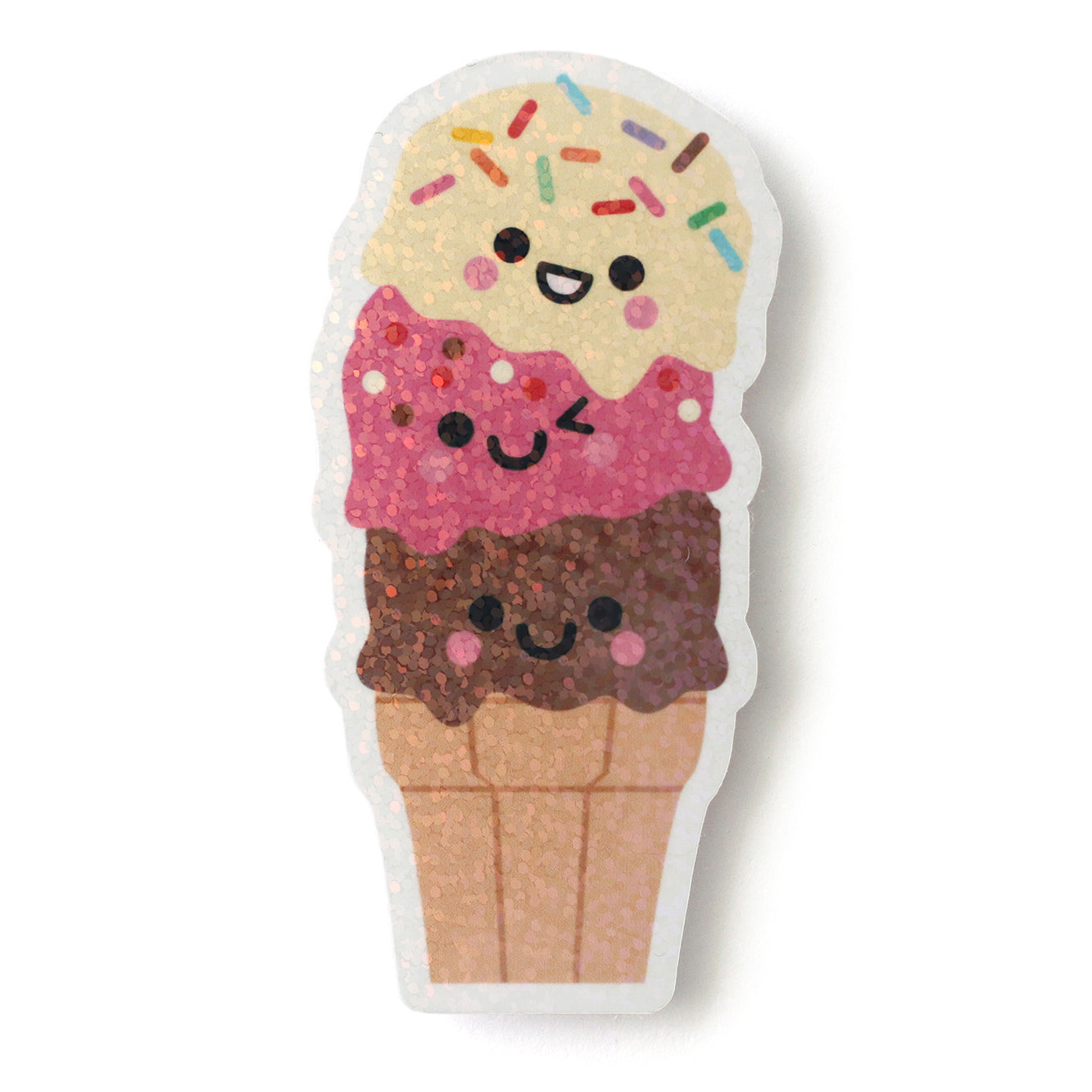 Cute Neapolitan ice cream sticker with 3 ice cream scoops sat on top of an ice cream cone