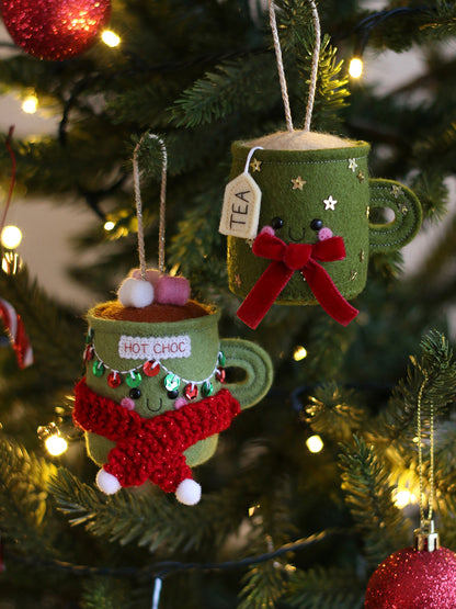 Green Gold Stars with Red Bow Teacup Ornament