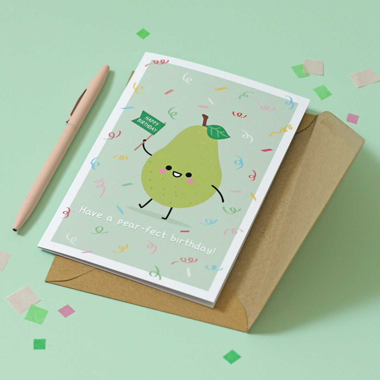 Cute green birthday card pear-fect birthday by hannahdoodle