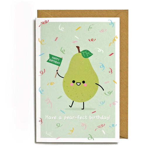 Kawaii style illustrated birthday card with a cute happy pear holding a flag with the text 'HAPPY BIRTHDAY' on it. Written underneath is the text 'Have a pear-fect birthday!'.