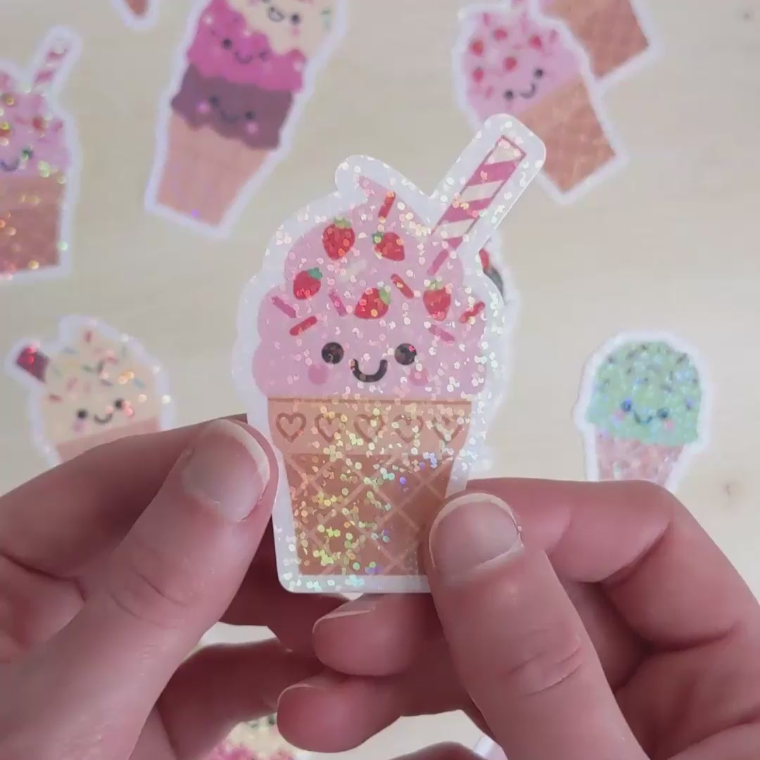 Strawberry Ice Cream Sticker with Holographic Overlay