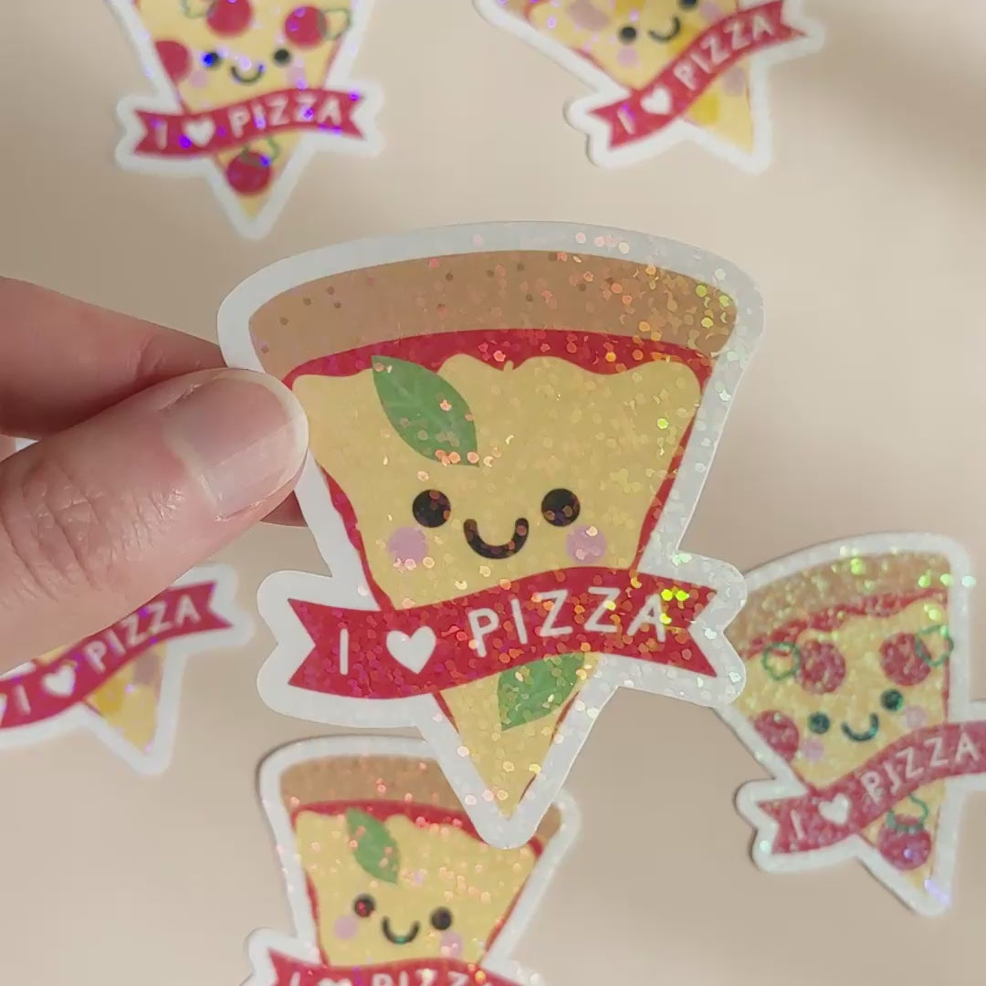 A video showing the holographic sparkles on a pizza sticker