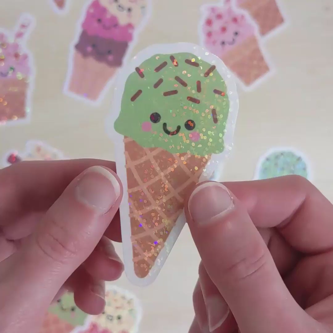 Mint Choc Chip Ice Cream Sticker with Holographic Overlay