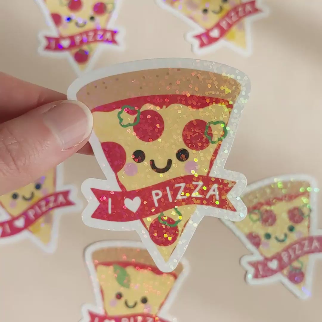 Kawaii Pepperoni pizza sticker with holographic overlay, video showing movement of sparkles in light