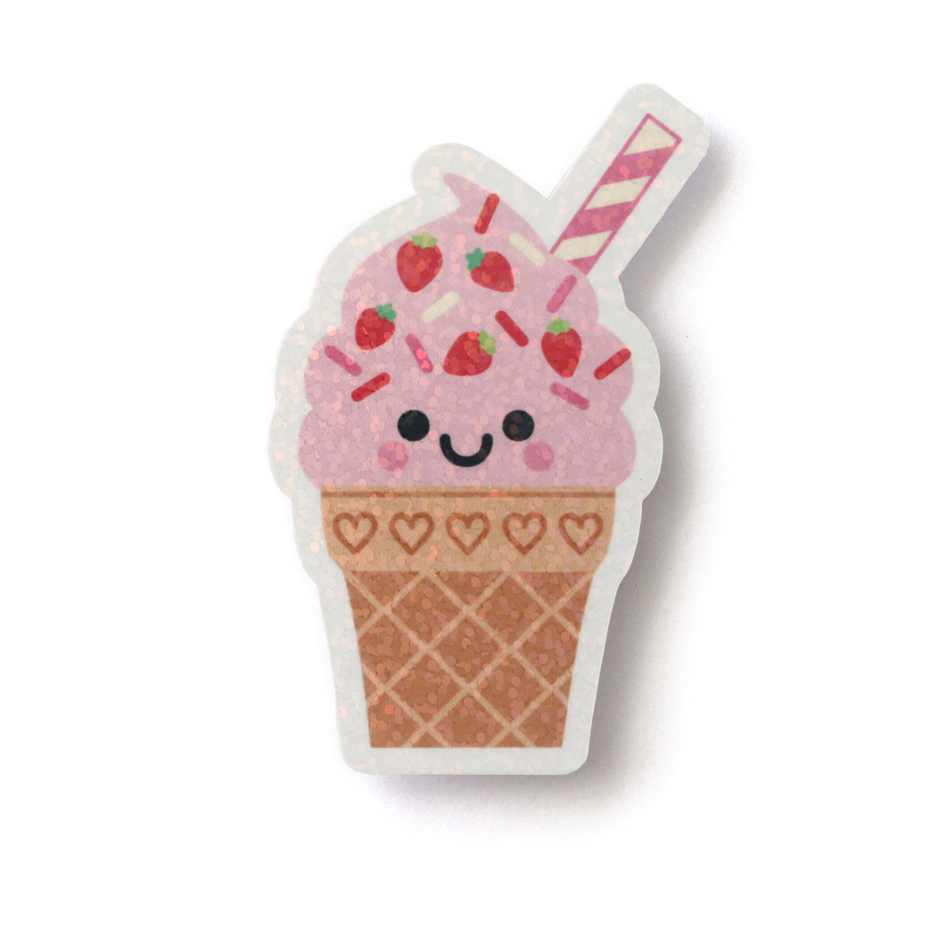 Cute Strawberry Ice Cream Vinyl Sticker with Sparkly Holo Overlay