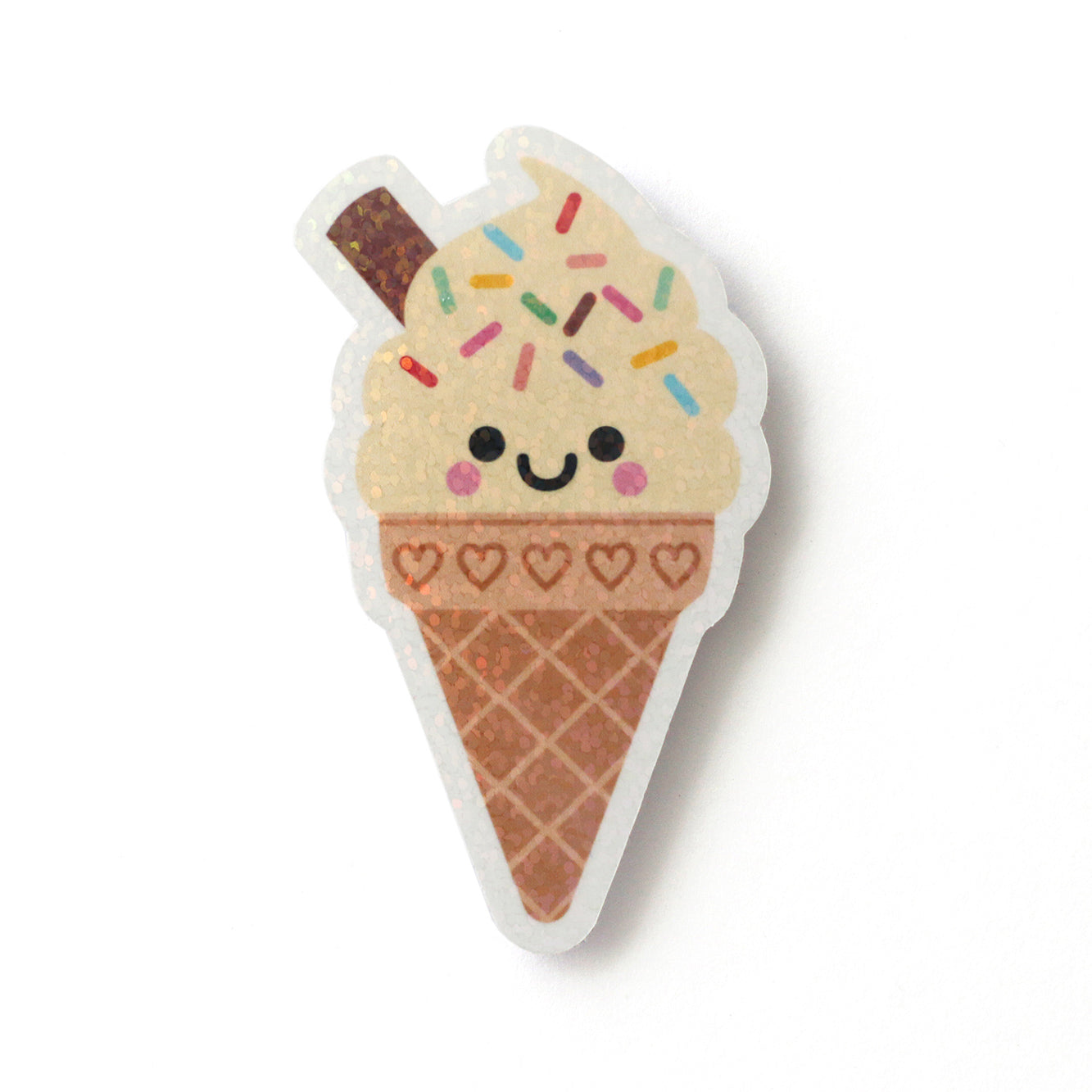 Cute Vanilla Ice Cream cone with Rainbow Sprinkles, a happy face and a chocolate flake