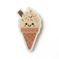 Cute Vanilla Ice Cream cone with Rainbow Sprinkles, a happy face and a chocolate flake