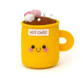 A cute yellow felt hot chocolate mug pin holder with embroidered facial features, pink cheeks, a 'HOT CHOC' label, brown felt cocoa surface, and pink and white felt marshmallows on top, photographed on a clean white background.