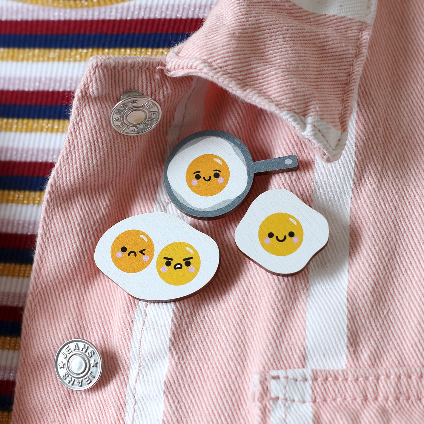 Wooden Fried Egg Pin Badges by hannahdoodle