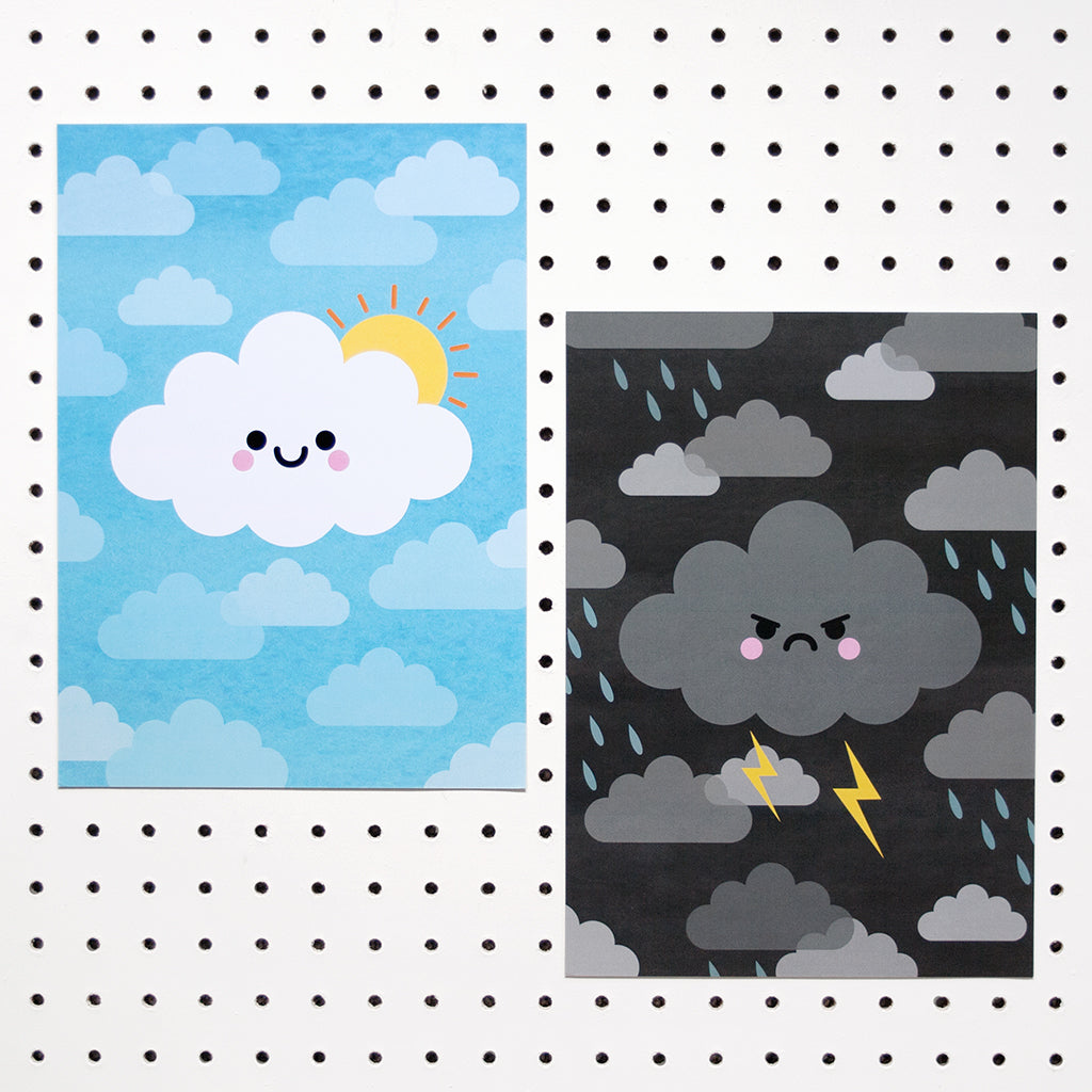 Sunshine cloud and kawaii thunder cloud a4 prints