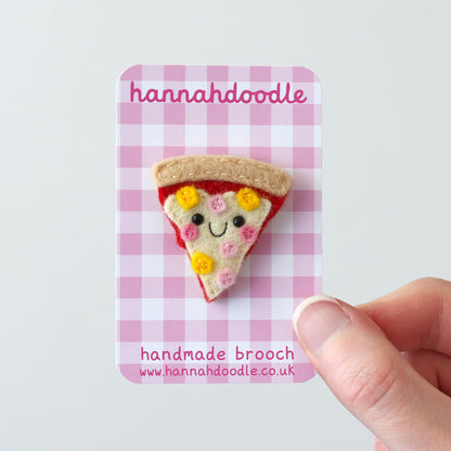handmade felt pizza brooch on pink gingham backing card