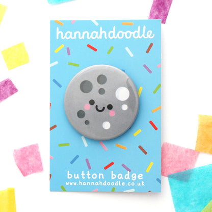 Kawaii moon button badge on hannahdoodle backing card