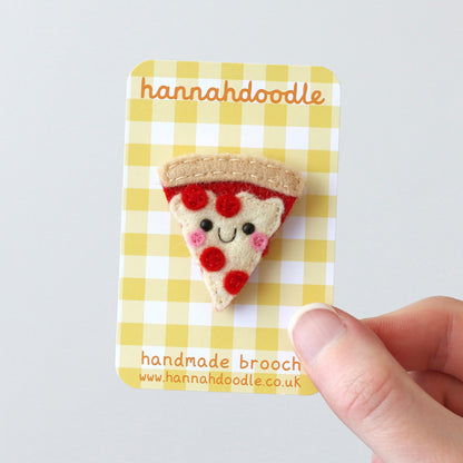 Pepperoni pizza brooch on a yellow gingham backing card