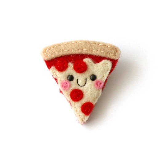 Pepperoni pizza brooch made using felt featuring a cute happy face