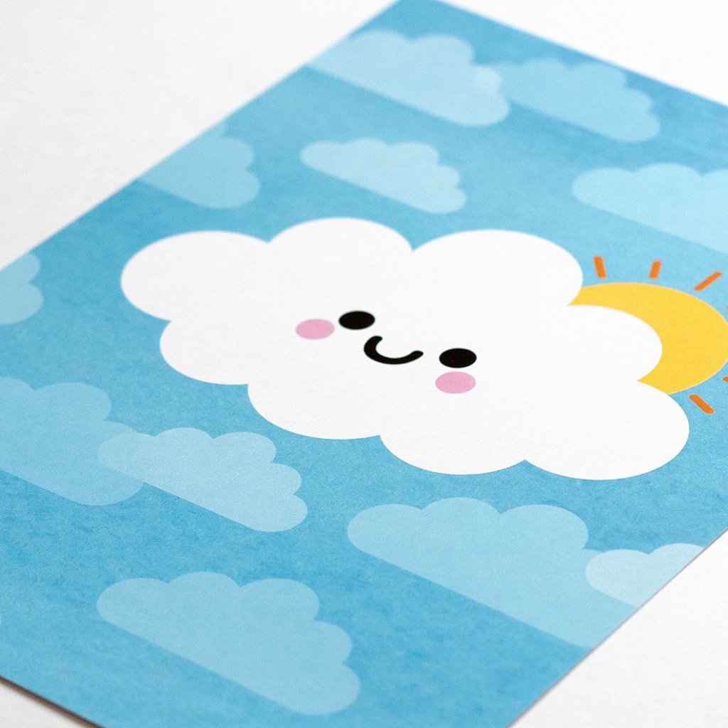 Happy sunshine cloud kawaii print close up