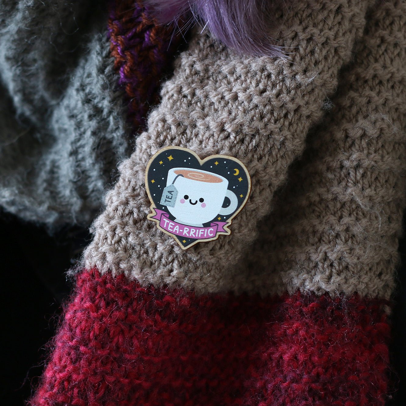 Tea Pin Badge on Wool Scarf