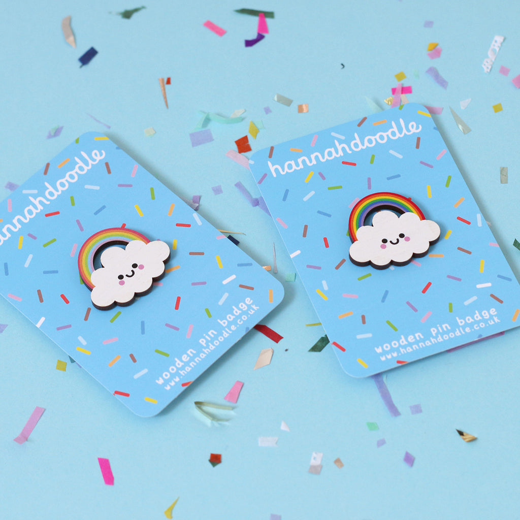 Rainbow Cloud Wooden Pin Badge - Bright Rainbow