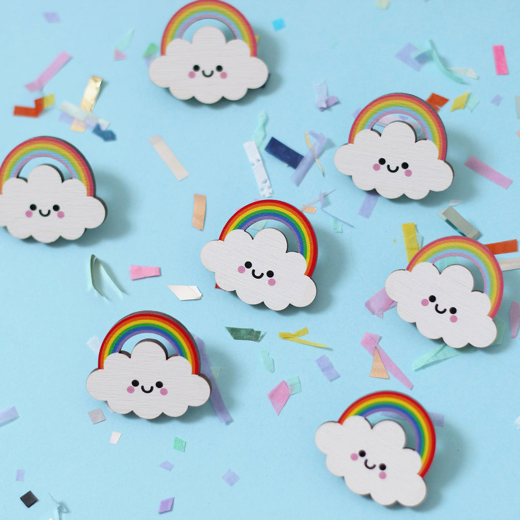 Rainbow Cloud Wooden Pin Badge - Bright Rainbow