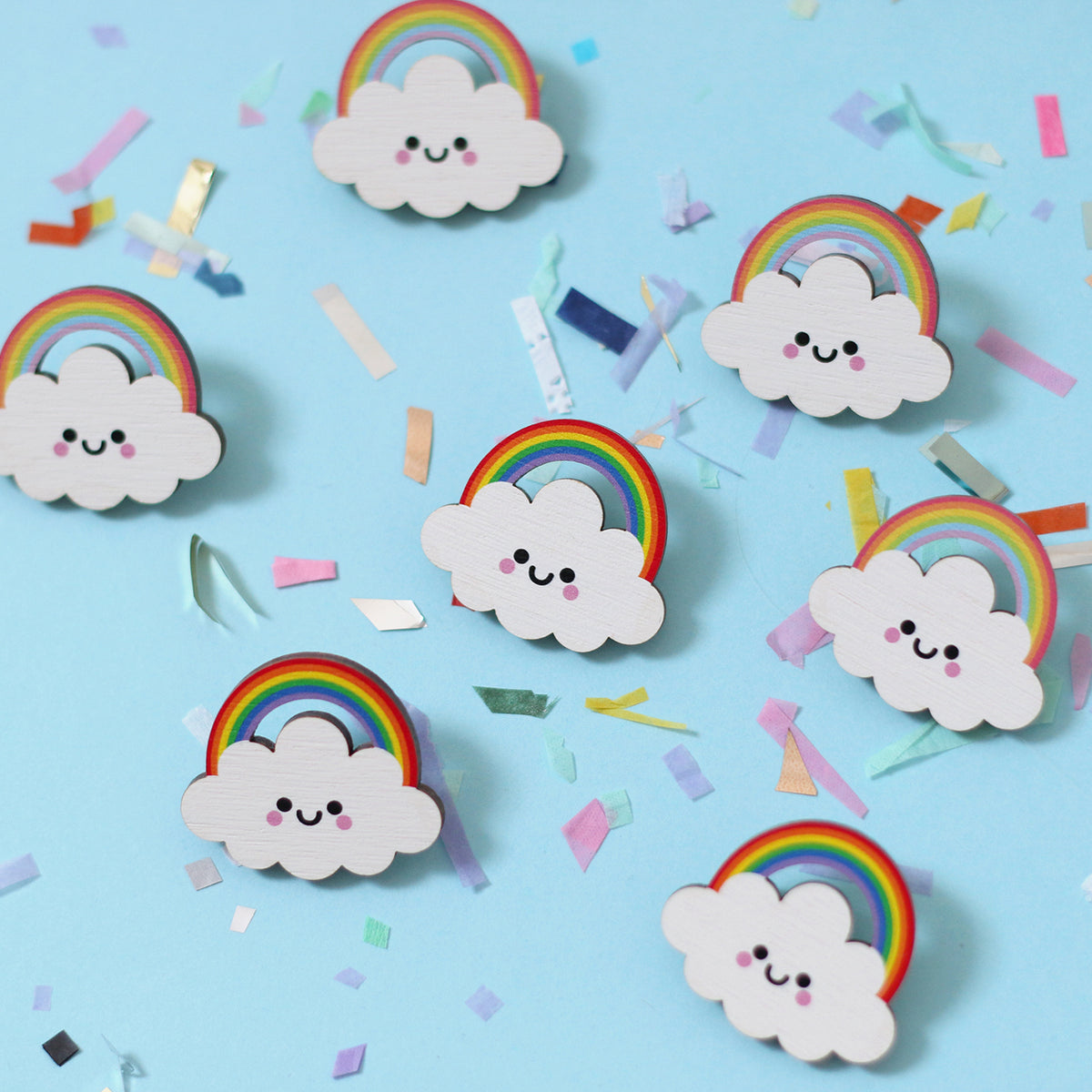 Rainbow Cloud Wooden Pin Badge - Bright Rainbow
