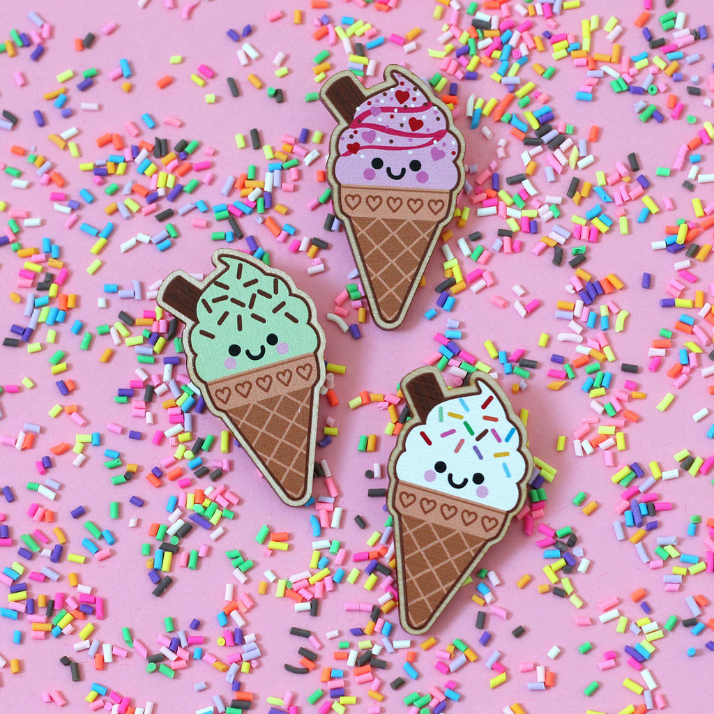 Mint Choc Chip Ice Cream Wooden Pin Badge
